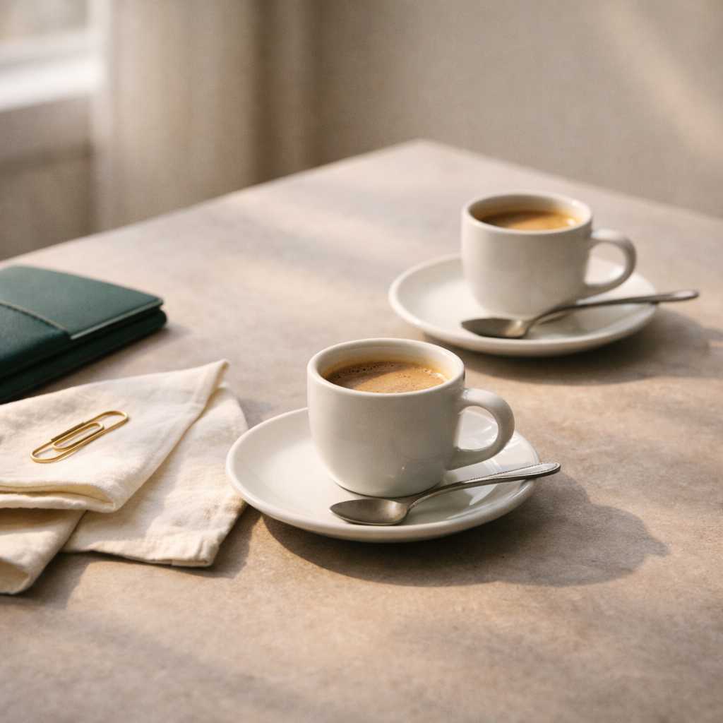 Two espresso cups on white saucers sit on a warm stone tabletop in soft window light, with an ivory linen napkin and brass paperclip beside a deep green notebook; minimal, calm composition with generous negative space.