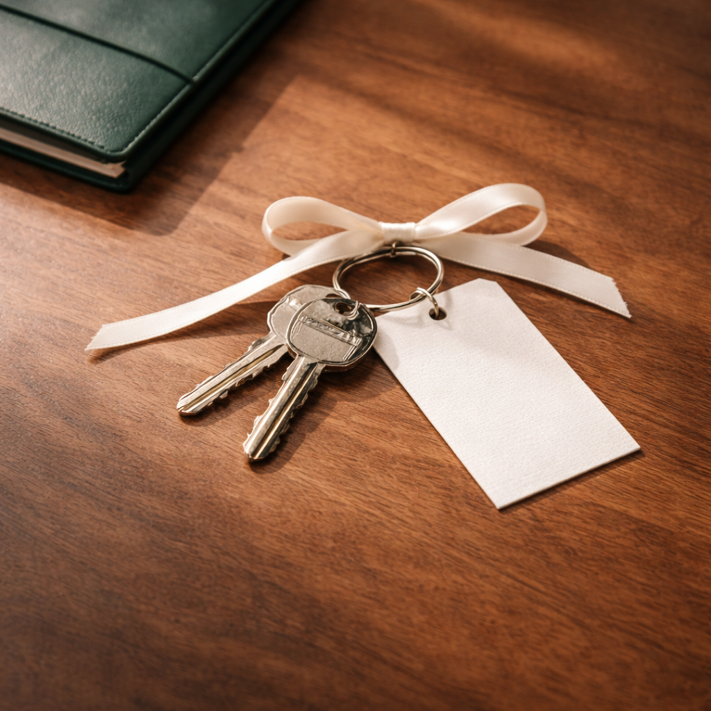 House keys on a brass keyring lie on a walnut tabletop, tied with an ivory ribbon and a blank tag, with a deep green leather folder partially visible in soft window light and ample negative space.