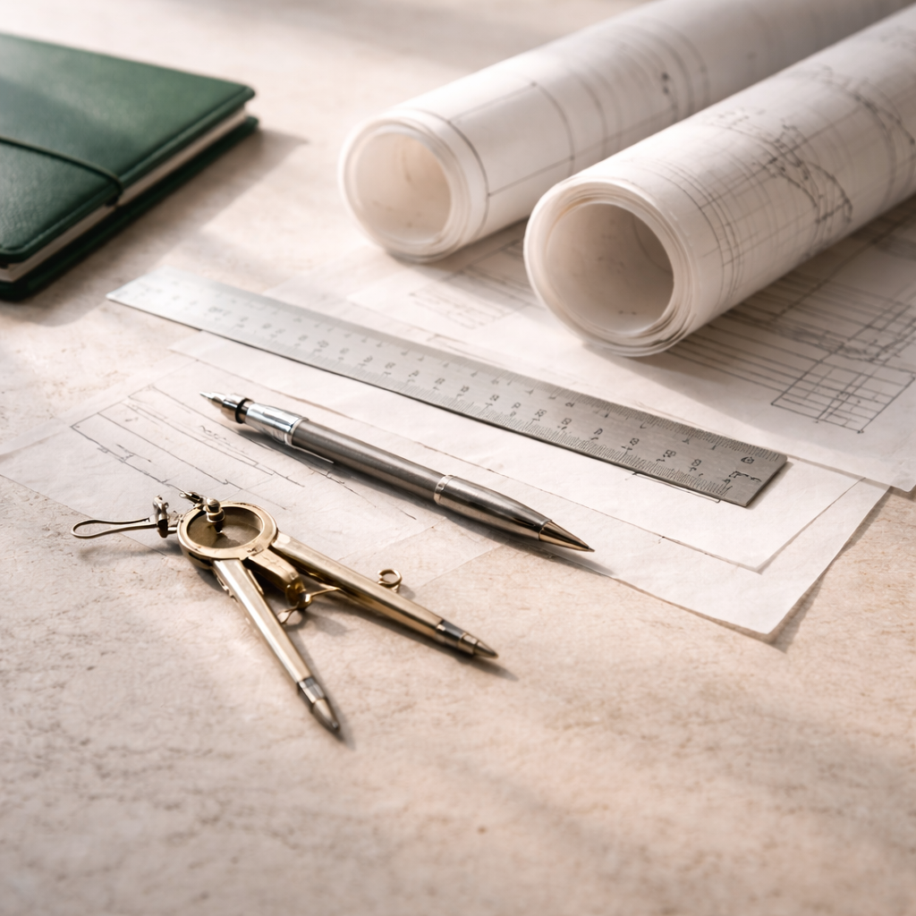 Architectural drafting tools—a brass compass, metal ruler, and pen—rest on softly lit ivory plan sheets on a stone surface, with rolled drawings and a deep green notebook in the background, leaving clean negative space.