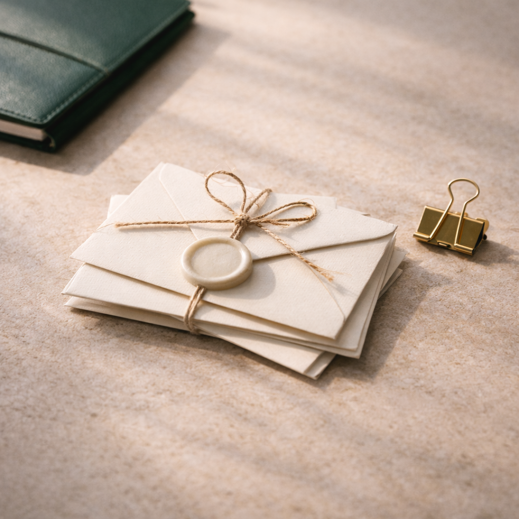 Three unmarked ivory envelopes tied with natural twine and sealed with a blank wax seal rest on a warm stone surface beside a brass binder clip, with a deep green notebook softly blurred in the background under gentle window light.