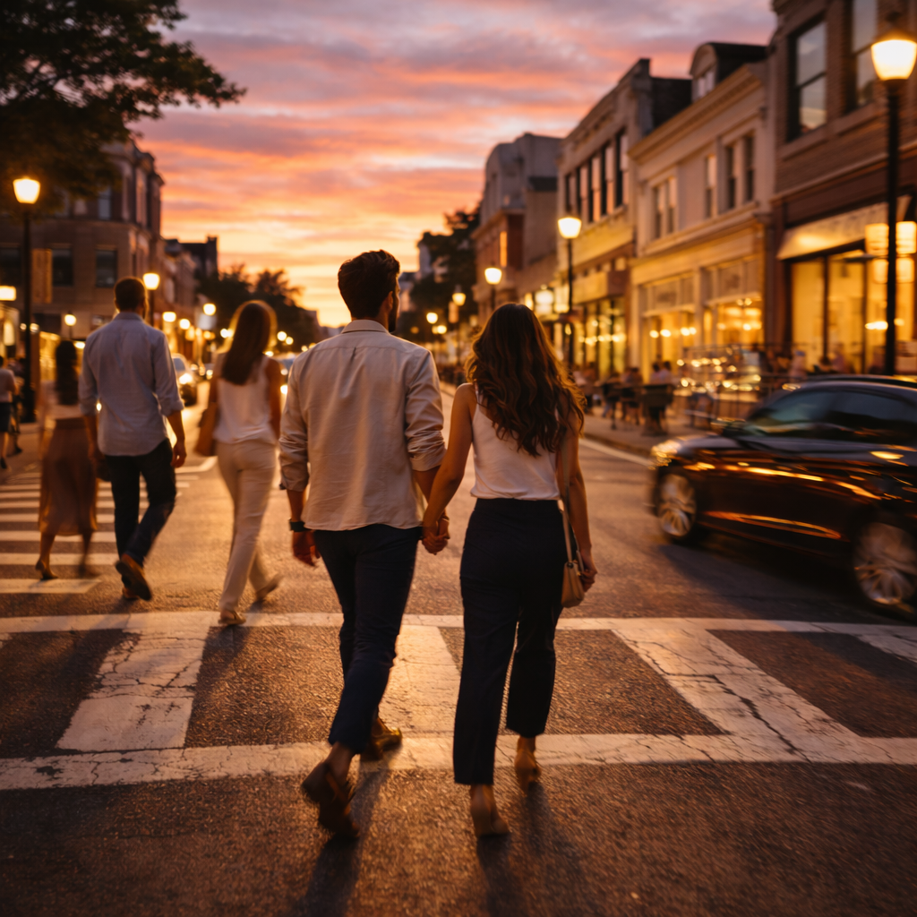 People cross a Brookline intersection at sunset with gentle motion blur, warm storefront lights, and a glowing sky creating an upbeat, urban-neighborhood feel.”