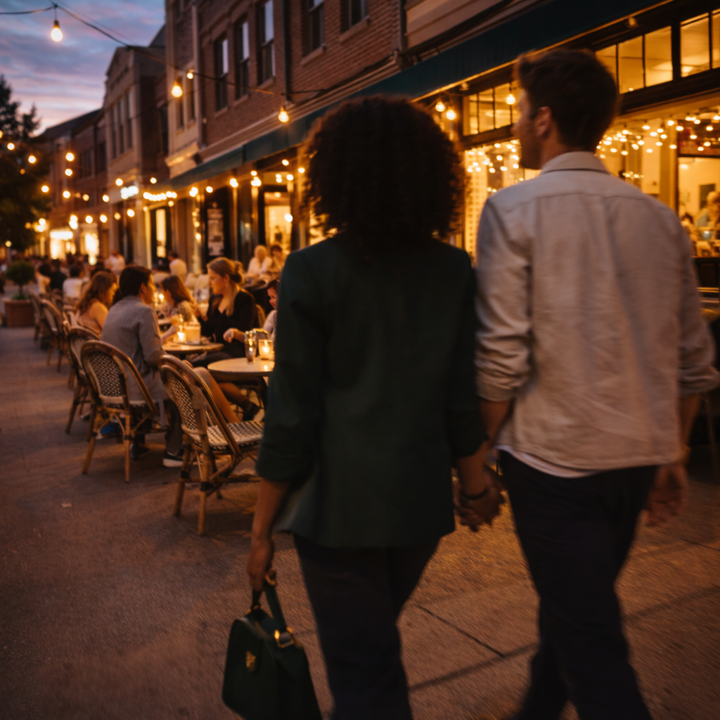 A couple walks past a softly lit sidewalk café in Brookline at dusk, with subtle motion blur and warm evening ambiance.