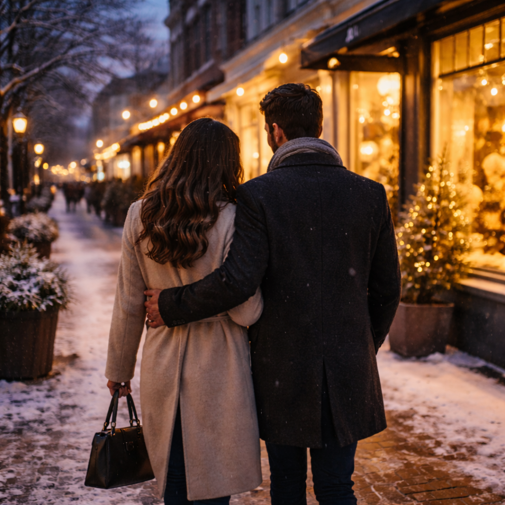 A couple walks through a softly lit neighborhood at winter dusk, with warm window glow and gentle motion blur creating a cozy, optimistic feel.