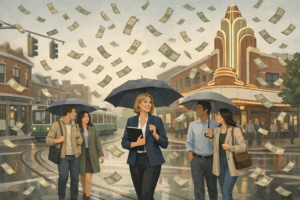 Illustrated rainy street scene in Coolidge Corner, Brookline, with homebuyers and an agent walking under umbrellas as dollar bills fall from the sky, reflecting on wet pavement near a glowing theater facade and passing trolley.