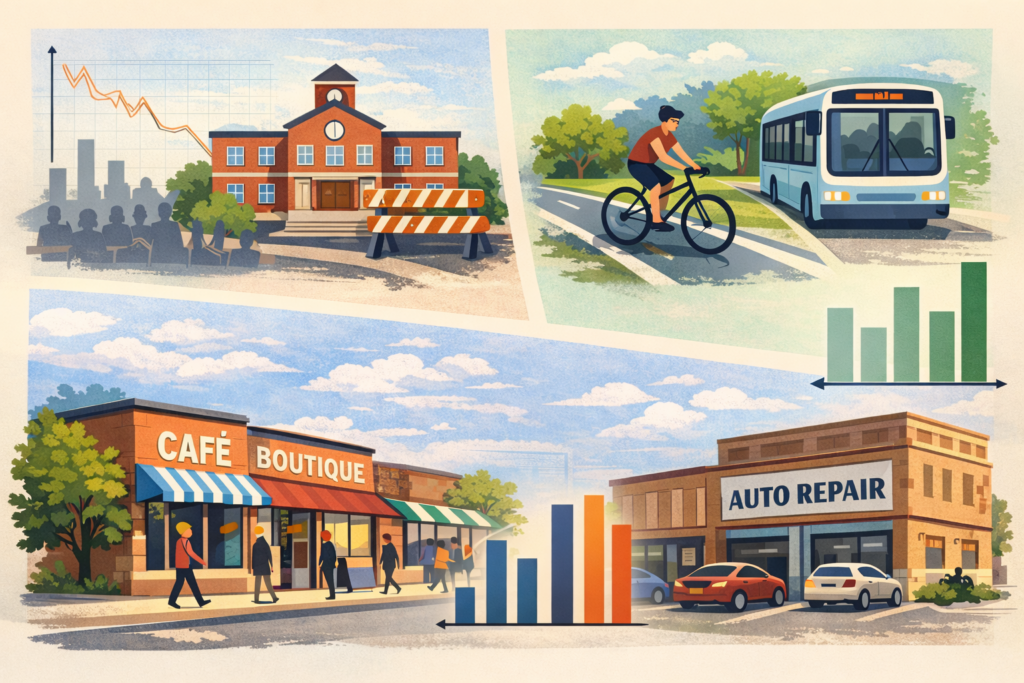 Illustrated triptych showing a school building with construction barriers and a downward trend line, a cyclist near a bus with an upward chart, and a walkable commercial street with shops versus an auto-oriented block, overlaid with abstract data bars.