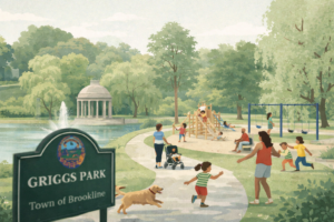 Chatgpt Image Jan 29, 2026, 08_41_51 Pm Illustration of Griggs Park with a pond fountain and pavilion, a playground full of kids and families, and a green Griggs Park entrance sign in the foreground.