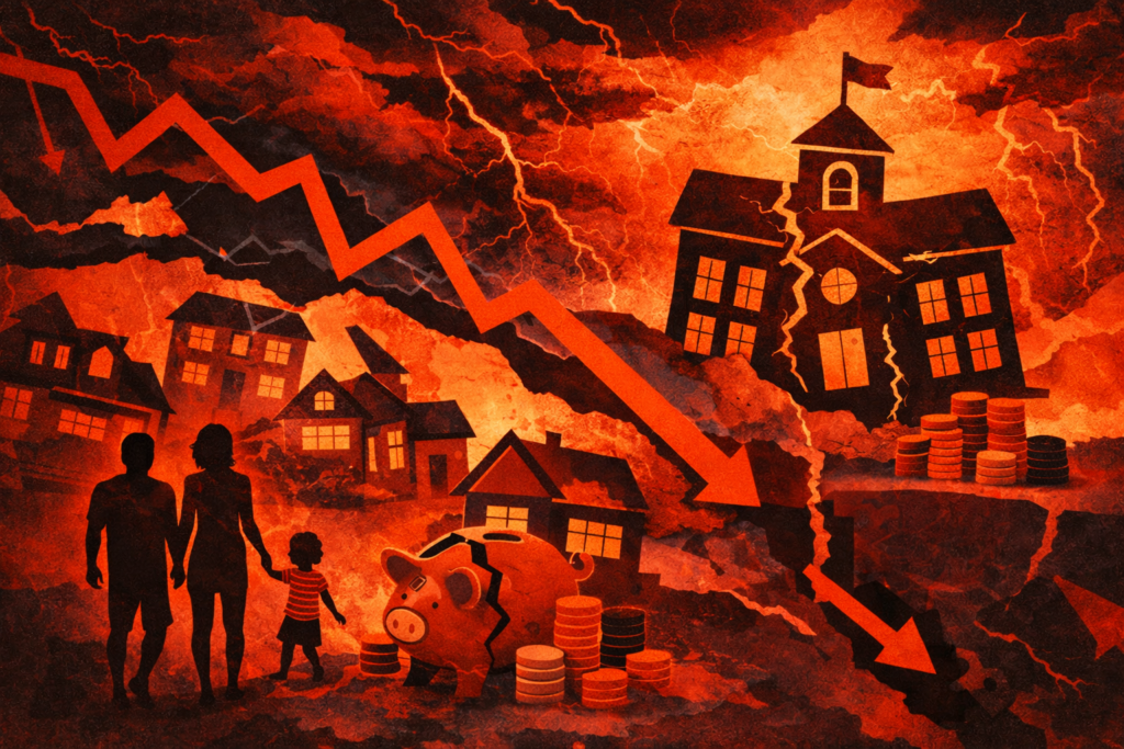 Alt Text: Dramatic red-and-black poster-style illustration with storm clouds and lightning over a cracked school building, shadowed houses, a broken piggy bank with scattered coins, and steep downward arrows suggesting a severe budget crisis.