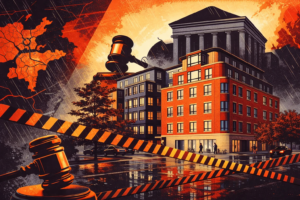 Poster-style illustration of a modern apartment building at a wet street corner with caution tape, a judge’s gavel, and a looming courthouse silhouette, suggesting legal and environmental risks around a housing project.