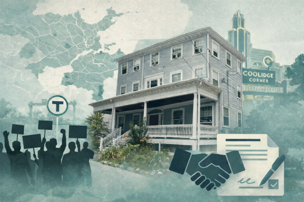 Teal-and-gray collage of the 16 Williams Street three-story house with a Brookline map overlay, the Coolidge Corner Theatre marquee in the background, and silhouetted neighbors protesting in the lower-left corner, plus subtle document-and-handshake icons suggesting an affordable housing preservation decision.