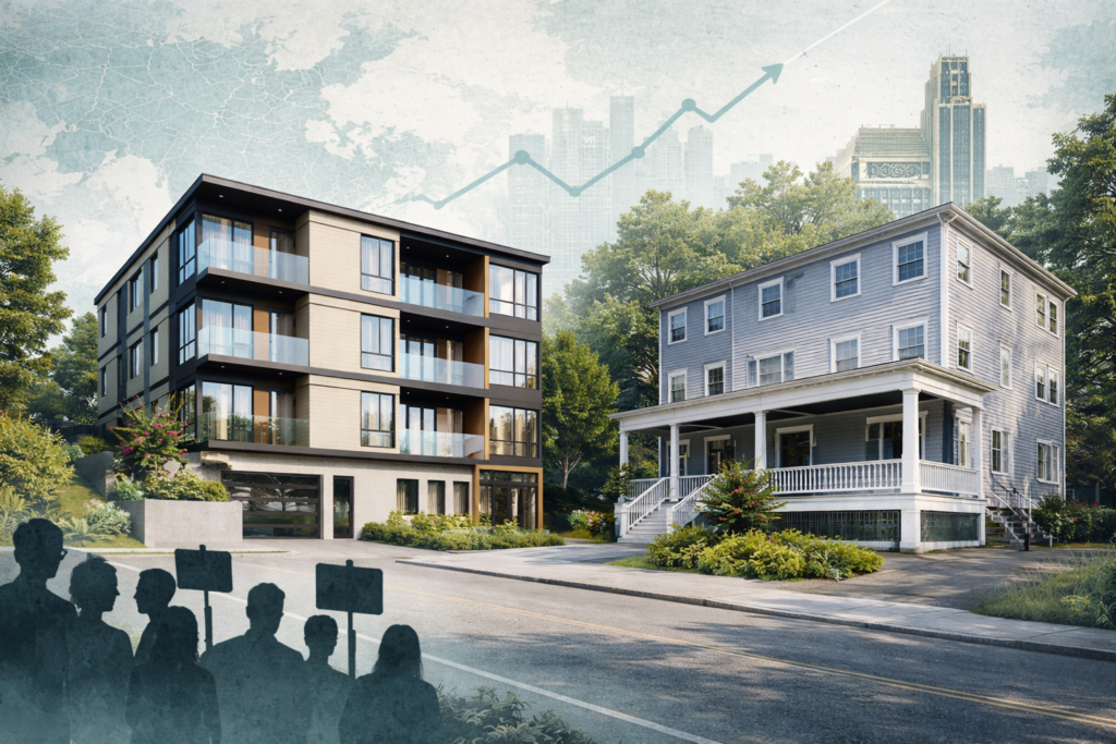 Chatgpt Image Jan 3, 2026, 06_49_03 Am Side-by-side Brookline streetscape showing a sleek modern luxury apartment building on the left and an older gray three-story porch house on the right, with a faint map and rising price line overlay and small protester silhouettes in the foreground.