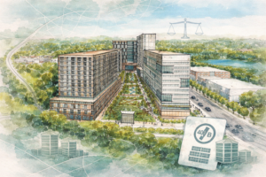 Watercolor-style aerial rendering of a large mixed-use complex along a roadway, with two midrise buildings flanking a landscaped green corridor, faint map-line overlays, and subtle legal-and-development icons suggesting zoning pressure and potential residential fallback.