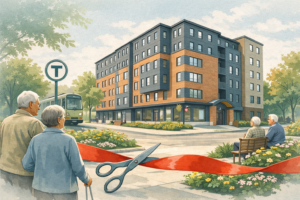 inspired scene of a modern brick-and-charcoal affordable senior housing building in Coolidge Corner, with seniors in the foreground, a ribbon-cutting motif, landscaped flowers, and an MBTA “T” sign and train nearby.