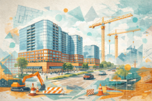 Collage-style illustration of three glass-and-brick mixed-use buildings along Route 9, layered with blueprint textures, cranes, cones, barriers, and construction equipment in teal and orange tones.