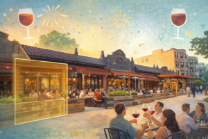 Chatgpt Image Jan 4, 2026, 09_53_25 Am Collage-style evening illustration of a Washington Square restaurant frontage with a busy outdoor patio, warm string lights, and a subtle highlighted section on the left indicating the expansion, with wine-themed graphic accents and map textures.