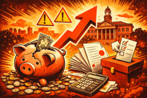 Pop-art style illustration showing a cracked piggy bank spilling coins, a bold upward arrow for rising taxes, paperwork and a calculator, a ballot box, and a civic building silhouette in the background.