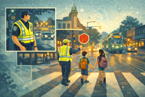 a police officer helps kids cross the road in coolidge corner