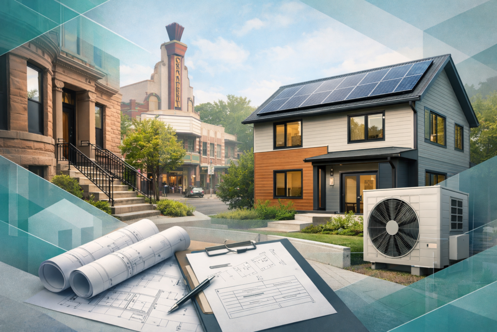 Clean editorial collage of Brookline-style homes and streetscape with architectural blueprints and a permit clipboard in the foreground, paired with a modern all-electric house featuring solar panels and a heat-pump unit, in muted teal and gray geometric overlays.