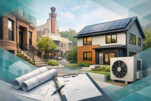 Clean editorial collage of Brookline-style homes and streetscape with architectural blueprints and a permit clipboard in the foreground, paired with a modern all-electric house featuring solar panels and a heat-pump unit, in muted teal and gray geometric overlays.