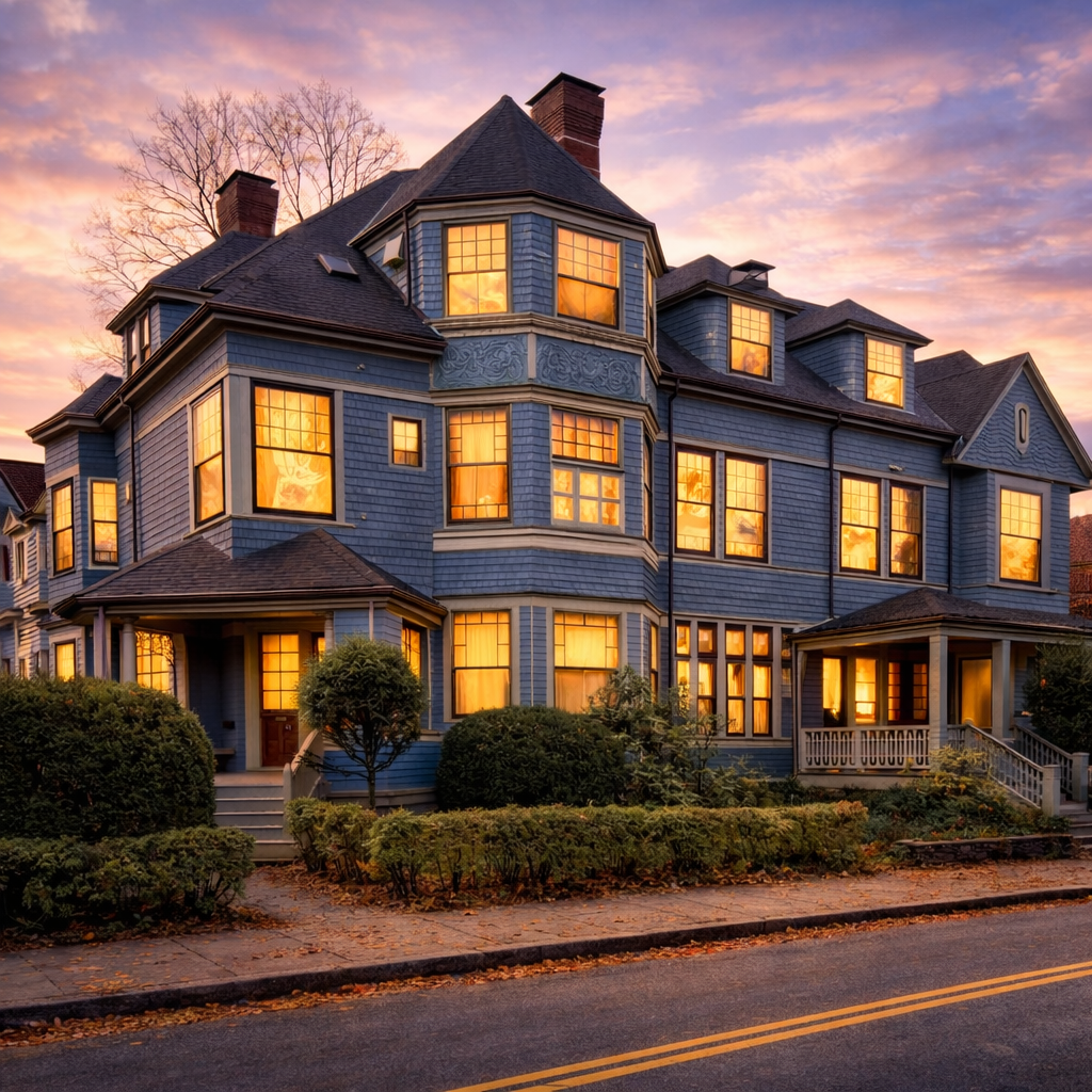 John D. Sturtevant Double-House (built 1892) at twilight—slate-blue Victorian with ornate bay windows and warm interior lights glowing behind trimmed hedges.