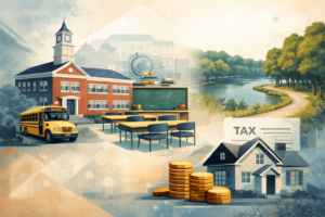 Soft, collage-style illustration of Brookline’s budget priorities and housing value—red-brick school with a clock tower, yellow school bus, classroom desks and chalkboard, a “TAX” document, stacks of coins, a suburban home, and the Brookline Reservoir path and trees on the right.