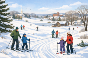 Illustration of a snow-covered golf course with groomed cross-country ski tracks, where families in winter jackets ski together while others snowshoe in the background near a cozy clubhouse and rolling, tree-lined hills.