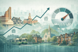 Brookline-focused market illustration featuring recognizable local architecture and landmarks—town hall, a historic church, brownstones, and a Green Line trolley—layered with a mortgage-rate gauge and rising trend line over a soft Boston skyline backdrop.