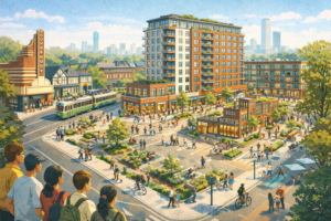 Energetic illustration of Coolidge Corner on Centre Street with the Coolidge Corner Theatre and a Green Line trolley, showing a redesigned former parking lot now anchored by a prominent 7–8 story mixed-use building with ground-floor shops and upper-floor apartments, surrounded by a busy plaza of pedestrians, cyclists, trees, and planters.