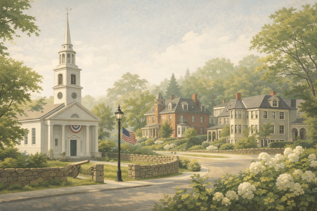 Minimalist illustration of historic Brookline featuring a colonial-era church with steeple, stone walls, and elegant 19th-century homes on a tree-lined street, evoking Revolutionary heritage and preserved neighborhood charm.