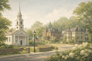 Minimalist illustration of historic Brookline featuring a colonial-era church with steeple, stone walls, and elegant 19th-century homes on a tree-lined street, evoking Revolutionary heritage and preserved neighborhood charm.