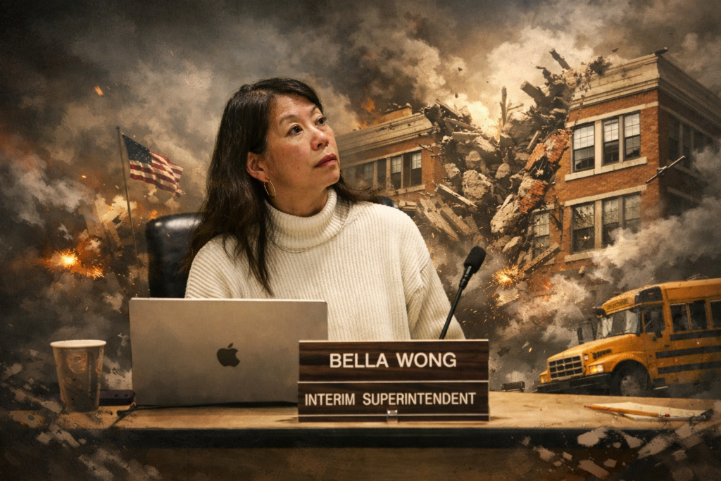 Dramatic composite image of Interim Superintendent Bella Wong seated at a school committee desk in the foreground, with a crumbling school building, smoke, debris, and a school bus behind her, symbolizing budget crisis and instability in public schools.