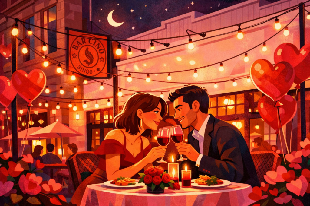Colorful illustration of a couple enjoying a romantic Valentine’s Day dinner on the patio at Bar Cino, surrounded by string lights, red and pink heart balloons, candles, and a warm evening glow.