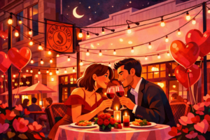 Chatgpt Image Feb 15, 2026, 09_56_13 Am Colorful illustration of a couple enjoying a romantic Valentine’s Day dinner on the patio at Bar Cino, surrounded by string lights, red and pink heart balloons, candles, and a warm evening glow.