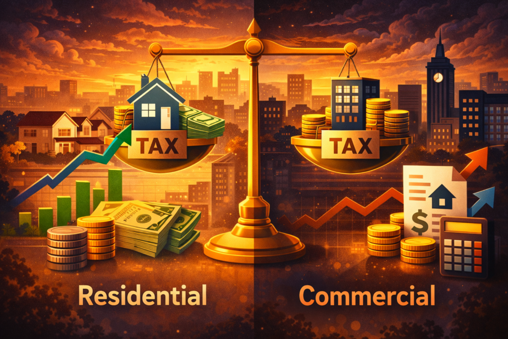 Dramatic split-screen illustration of Brookline comparing residential and commercial tax rates, featuring a central balance scale with a house and office building on opposite sides, stacks of coins, rising charts, Brookline Town Hall clock tower in the background, and a warm sunset cityscape.