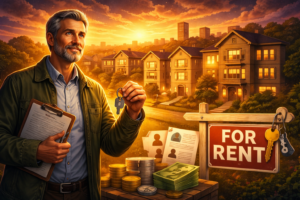 Dramatic sunset illustration of a landlord holding keys and paperwork in front of Brookline-style apartment buildings, with rental applications, coins, and a for-rent sign in the foreground, symbolizing the local rental market and landlord conditions.