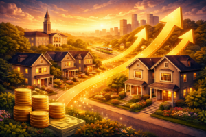 Dramatic golden-hour illustration of a Brookline neighborhood with classic New England homes, Town Hall and a Green Line trolley in the background, and glowing upward arrows sweeping above the street with stacks of coins in the foreground to symbolize rising neighborhood property values.