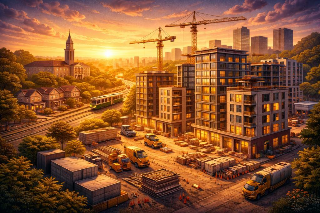 Golden-hour illustration of new residential developments rising in Brookline, featuring modern mid-rise buildings under construction with cranes and materials in the foreground, Brookline Town Hall and a Green Line trolley in the background, blending historic charm with contemporary growth.