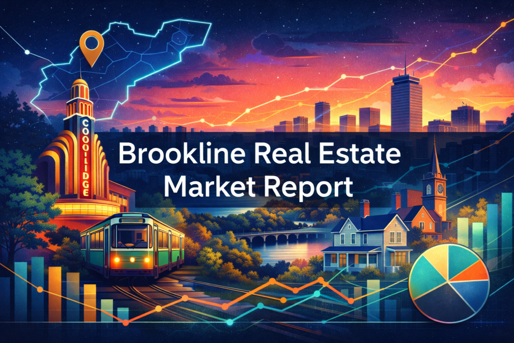 Vibrant, cinematic banner reading “Brookline Real Estate Market Report” over a glowing sunset-to-night gradient, featuring the Coolidge Corner Theatre marquee, a green trolley, a Brookline map outline with a pin, Boston skyline silhouettes, and colorful market charts (rising line, bars, and pie chart) in neon teal, coral, and gold.