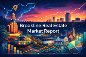 Vibrant, cinematic banner reading “Brookline Real Estate Market Report” over a glowing sunset-to-night gradient, featuring the Coolidge Corner Theatre marquee, a green trolley, a Brookline map outline with a pin, Boston skyline silhouettes, and colorful market charts (rising line, bars, and pie chart) in neon teal, coral, and gold.