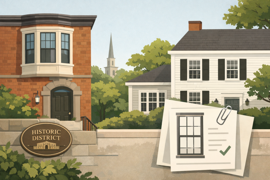 Minimalist illustration of historic Brookline homes with prominent multi-pane windows, a “Historic District” plaque, and permit-style paperwork showing an approved window design, surrounded by leafy greenery.