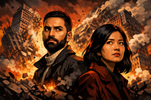 Dramatic illustrated scene of Zohran Mamdani and Mayor Michelle Wu standing back-to-back in the foreground, with high-rise buildings collapsing behind them amid smoke, fire, and flying debris in a red-orange stormy sky.