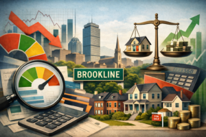 Chatgpt Image Feb 23, 2026, 07_28_02 Pm Featured image showing Brookline/Boston skyline behind a collage of local homes and market symbols—a magnifying glass over a credit report, a balance scale weighing a house against stacks of cash, and mixed financial charts—suggesting debt “quality” shaping Brookline real estate with measured precision.
