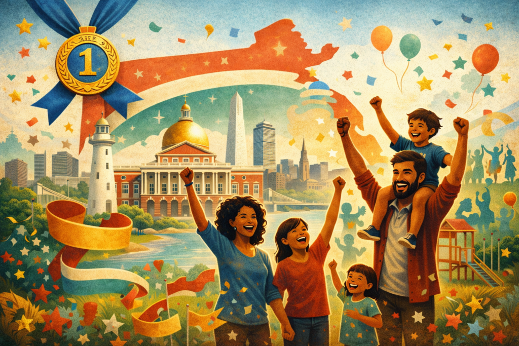 Celebratory illustration of a happy family cheering with balloons and confetti, with Massachusetts landmarks like the golden-domed State House and Boston skyline in the background, plus a prominent “#1” award medal motif.