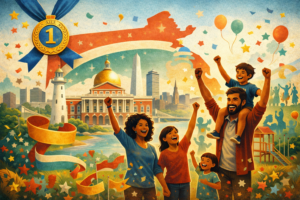 Celebratory illustration of a happy family cheering with balloons and confetti, with Massachusetts landmarks like the golden-domed State House and Boston skyline in the background, plus a prominent “#1” award medal motif.
