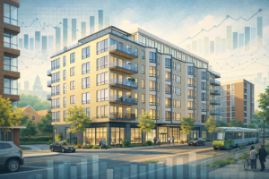 Chatgpt Image Feb 24, 2026, 06_39_00 Am Illustration of a modern seven-story apartment building in Coolidge Corner with glass balconies and retail-style ground-floor windows, set along a tree-lined street near transit, with subtle, text-free market chart overlays in the sky.