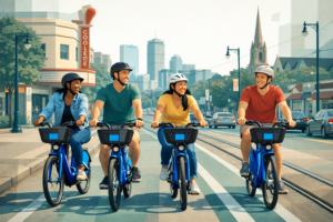 Chatgpt Image Feb 28, 2026, 07_14_17 Am Four diverse friends ride Bluebikes side by side down Beacon Street in Brookline, with the Coolidge Corner Theatre marquee, streetlights, trees, and a church spire in the background.