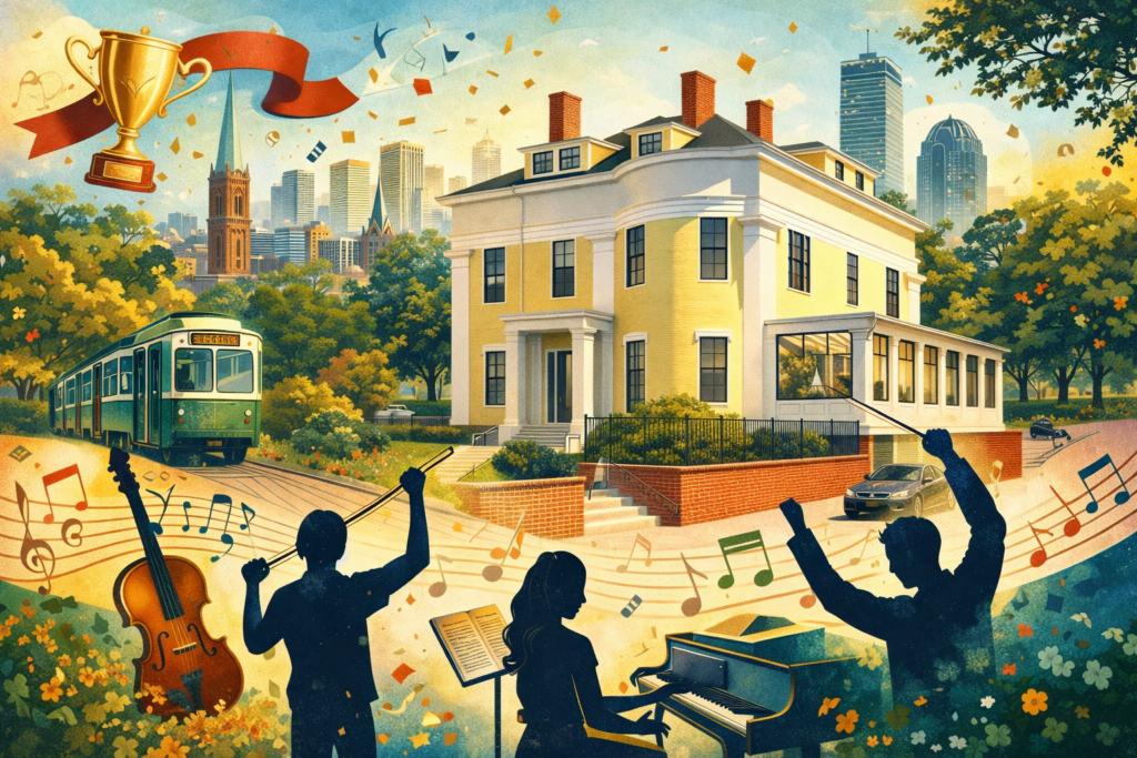 Illustrated featured image of Brookline Music School’s Bakalar Recital Hall with celebratory confetti, musical notes, student musician silhouettes, and a Brookline/Boston skyline backdrop in warm, textured colors.