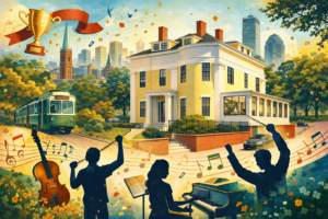 Illustrated featured image of Brookline Music School’s Bakalar Recital Hall with celebratory confetti, musical notes, student musician silhouettes, and a Brookline/Boston skyline backdrop in warm, textured colors.