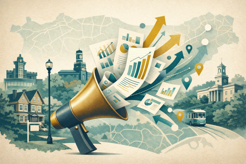 Stylized Brookline market update illustration featuring a brass megaphone blasting out chart-filled “reports,” upward/downward arrows, and map pins over a subtle Brookline street-map background, with local architecture, leafy streets, and a Green Line trolley in a teal–gold–cream palette (no text)