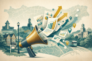 Stylized Brookline market update illustration featuring a brass megaphone blasting out chart-filled “reports,” upward/downward arrows, and map pins over a subtle Brookline street-map background, with local architecture, leafy streets, and a Green Line trolley in a teal–gold–cream palette (no text)