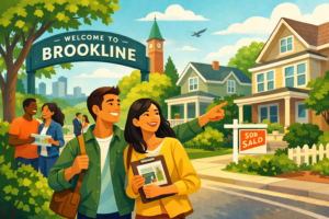 Colorful illustration of happy people walking along a leafy Brookline street, pointing toward charming homes as they look for houses on a bright, sunny day.